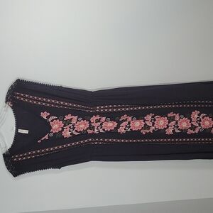 Xhilaration Navy Blue Pink Floral Boho Maxi Dress Side Slits Cinch Waist Medium